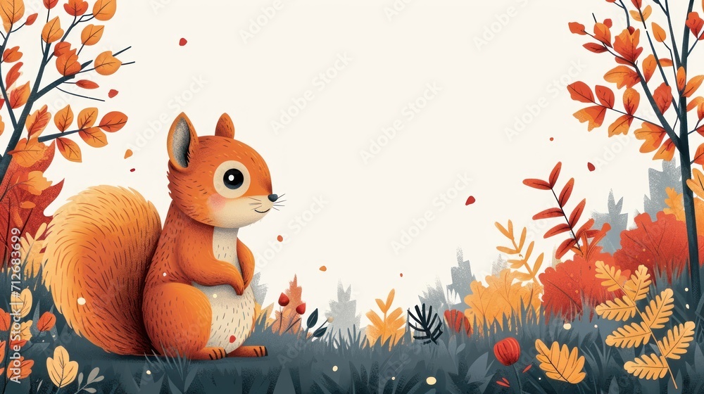 Poster a red squirrel sitting in the middle of a forest with leaves on it's sides and a blank sign in the m