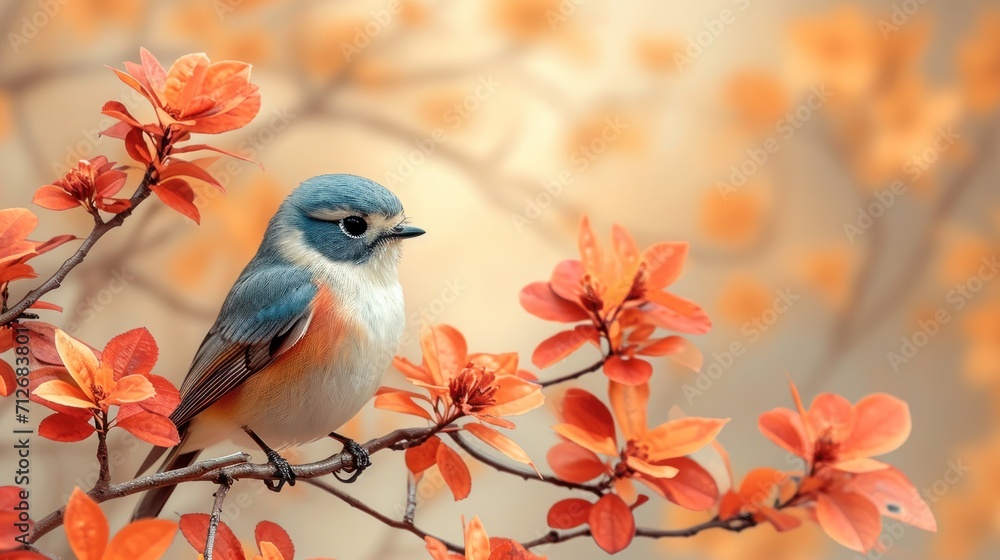 Aufkleber a small blue bird sitting on a branch of a tree with red leaves in the foreground and a background o