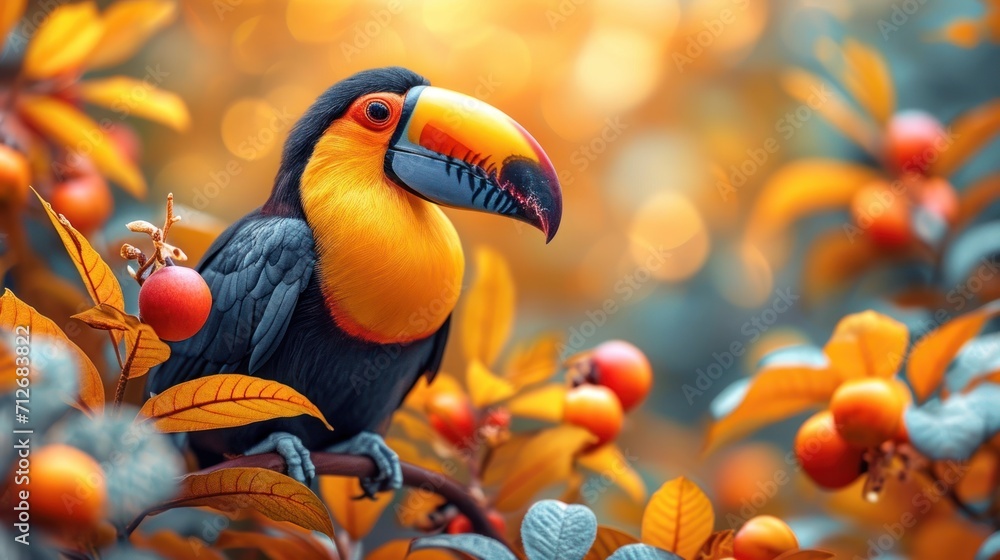 Aufkleber a colorful bird sitting on top of a tree filled with oranges and berries on top of a tree filled wit