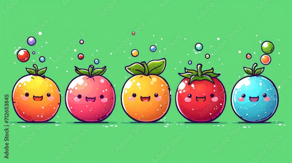 Poster a group of fruit with faces drawn on them, with bubbles coming out of the top of the apples and the 