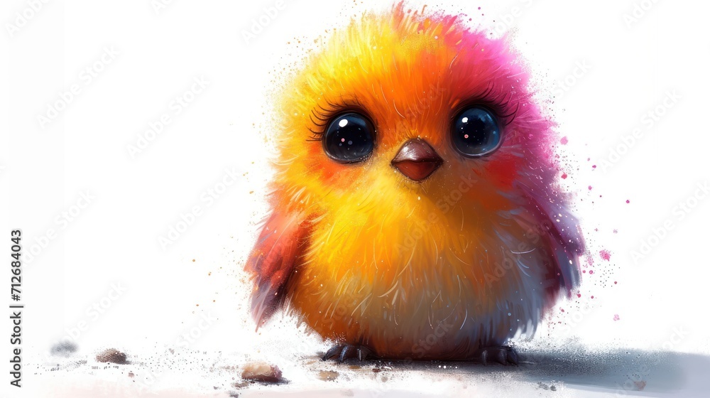 Poster a close up of a small bird on a white background with a pink and yellow bird on the left side of the