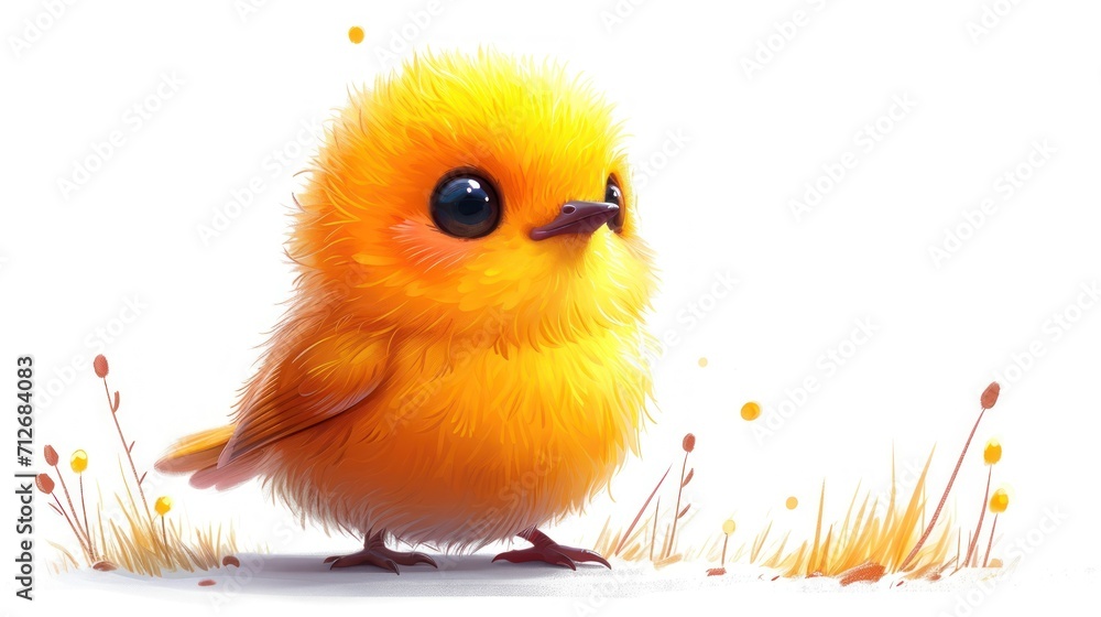 Poster a close up of a small yellow bird on a white background with grass and flowers in the foreground and