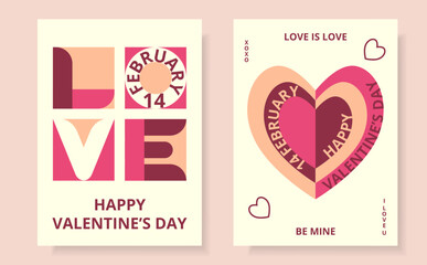 Two cards of abstract shapes and text. Creative concept of Happy Valentine's Day. Heart and Love in geometric form. Trendy design for card or poster, advertising, sales, branding.