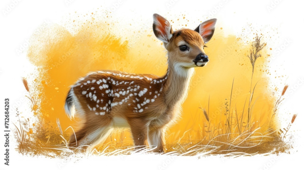 Poster  a painting of a fawn standing in a field of tall grass with a yellow sky in the background and grass in the foreground, with white dots on the foreground.