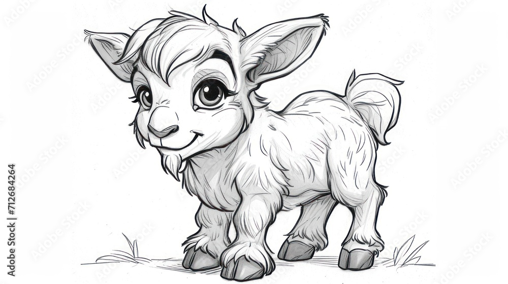 Sticker  a black and white drawing of a baby goat with big eyes and a big smile on it's face, standing on a patch of grass and looking at the viewer.