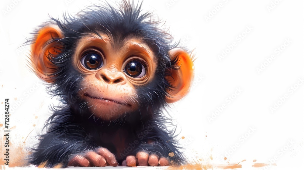 Poster a close up of a monkey on a white background with a blurry image of the face of a baby monkey with o