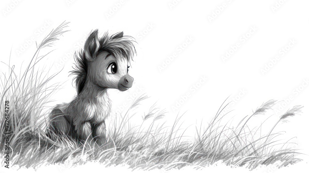 Canvas Prints  a black and white drawing of a pony sitting in a field of tall grass with tall grass in the foreground and a white sky in the background with no clouds.