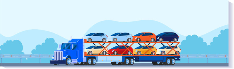 Blue car carrier truck transporting vehicles on highway. Auto transport service, car delivery by road vector illustration.