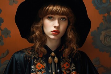 Portrait of a brunette with bangs wearing a hat and a boho blouse with floral ornament and jewellery
