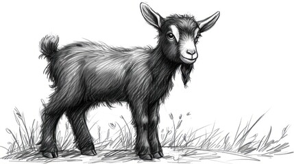  a black and white drawing of a goat standing in a grass field with its head turned to the side, looking at the camera with a serious look on its face.