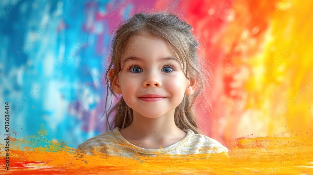 Poster a close up of a child's face in front of a multicolored wall with paint splattered all over it and a