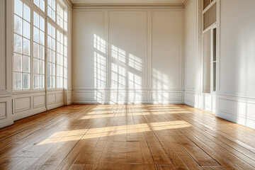 Fototapeta na wymiar Leerer Raum aus weißem Beton mit Holzböden
