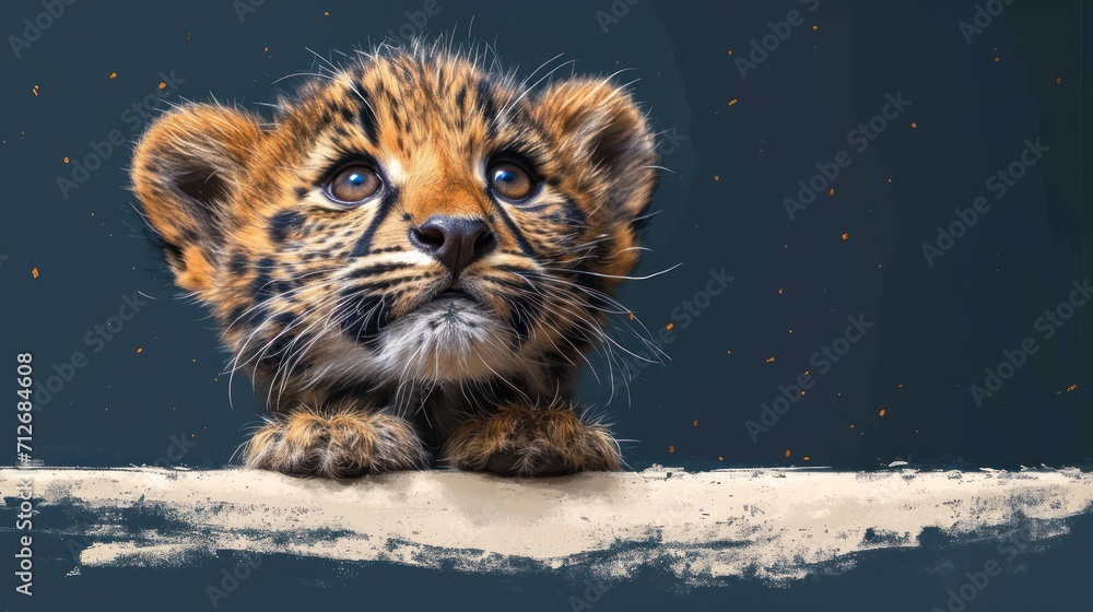 Poster a close up of a small tiger cub on a ledge looking at the camera with a sad look on it's face and a 