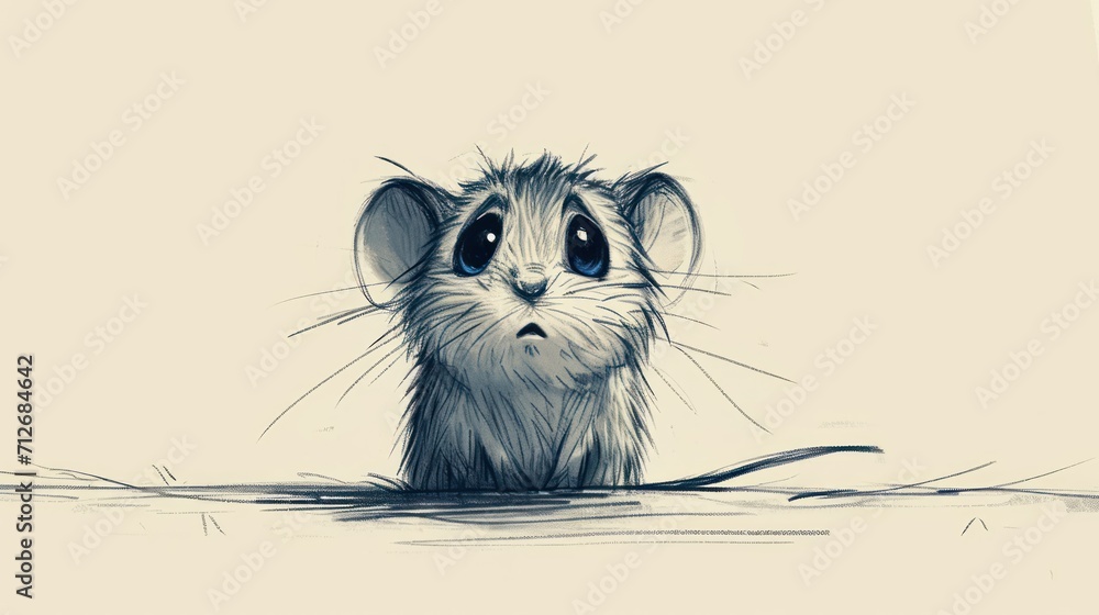 Poster a drawing of a mouse in the water looking at the camera with a sad look on it's face as if it were f