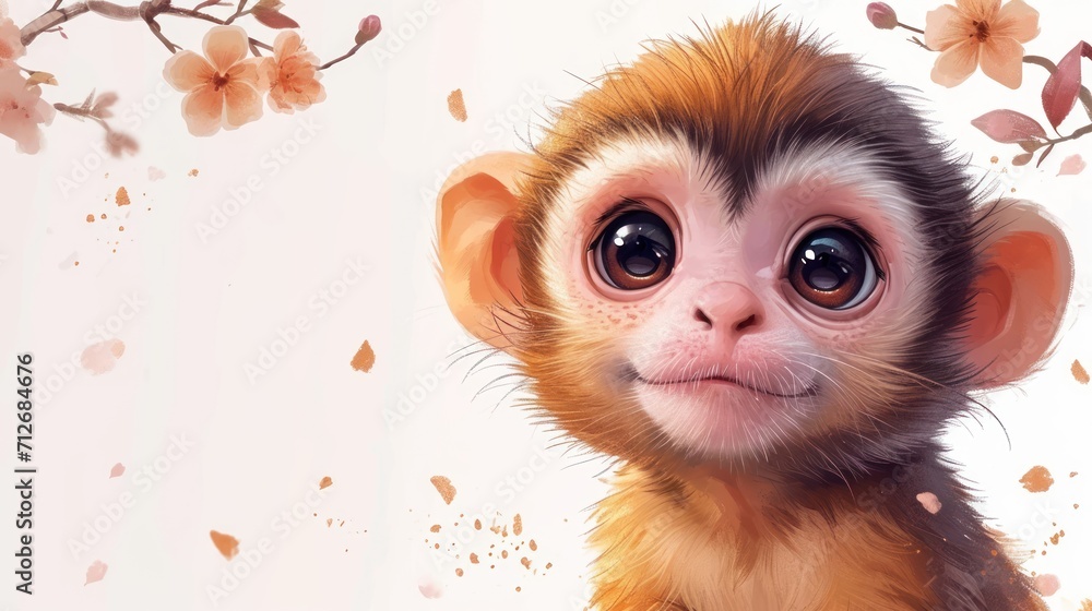 Poster a close up of a monkey on a white background with a branch of a tree in the foreground and a pink fl