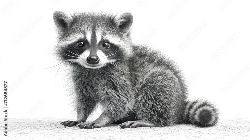 Poster  a black and white photo of a raccoon looking at the camera with a sad look on it's face as it sits on a carpeted surface.