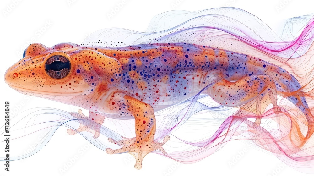 Poster a close up of a frog on a white background with a blue and red pattern on it's body and a white back