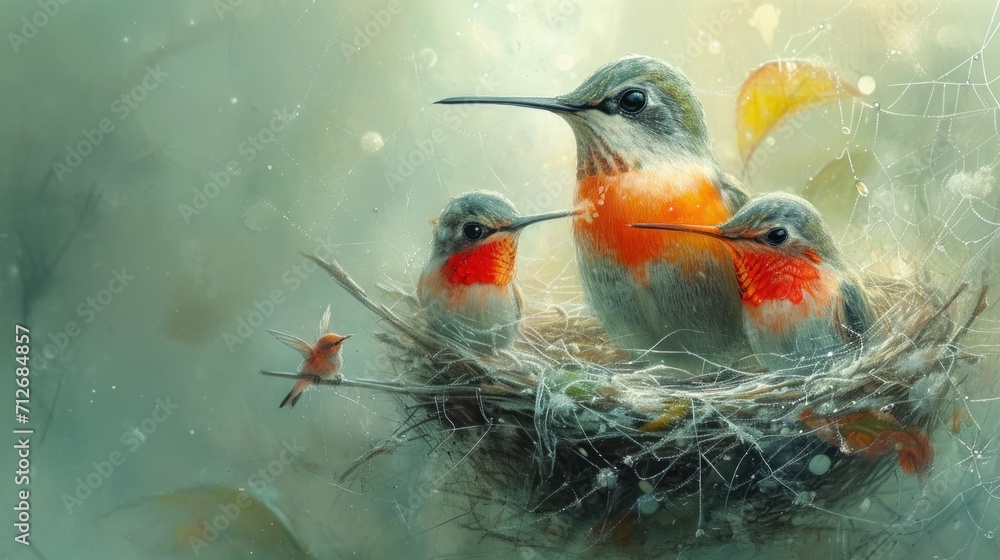 Aufkleber a painting of three birds sitting on top of a nest with a baby bird in the middle of the nest and a 