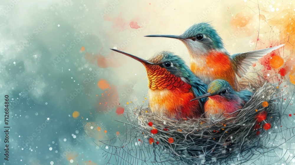 Poster a painting of three birds sitting on top of a nest with a baby bird in the middle of the nest and an