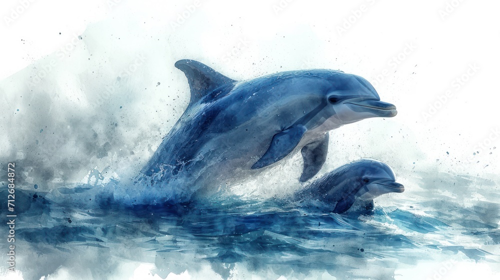 Poster a painting of two dolphins jumping out of the water with a splash of water on the bottom of the imag