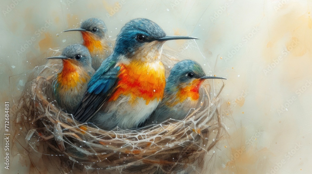 Poster a painting of three birds sitting on top of a nest with a baby bird in the middle of the nest and a 
