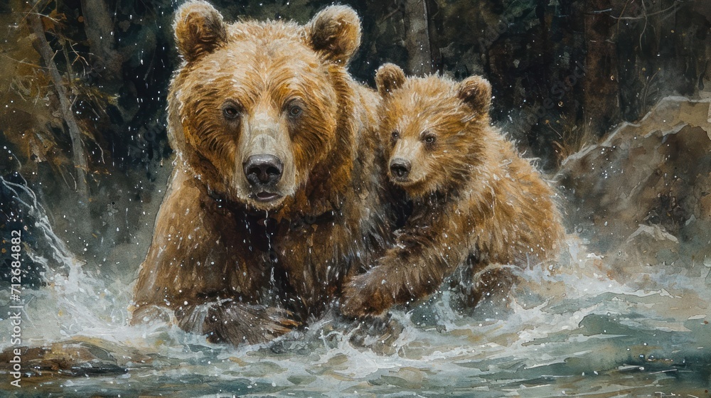 Poster a painting of two brown bears playing in a body of water with trees in the background and water spla