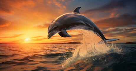 Jumping dolphins beautiful sunset on sea. Graceful Dolphins Dancing in the Sunset Waves. Sun-Kissed Waves: Dolphins in Evening Elegance