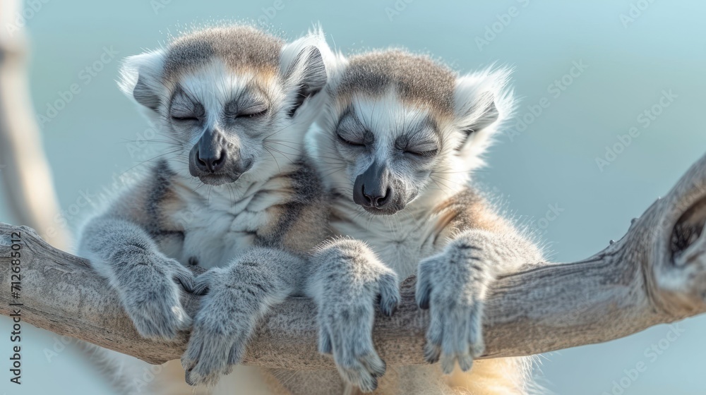 Poster a couple of small animals sitting on top of a tree branch in front of a sky background with one of t