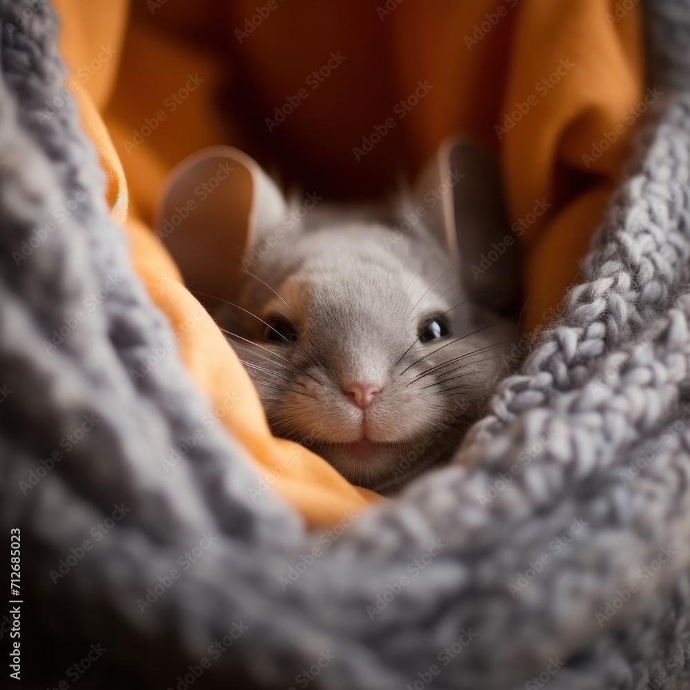 Poster a close up of a small gray and white cat in a blanket with a yellow blanket on it's side and a gray 