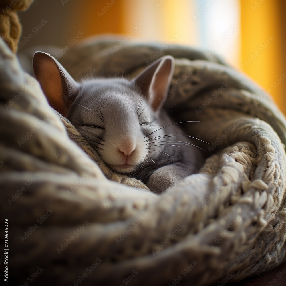 Poster a small kitten sleeping in a blanket on top of a wooden table with its eyes closed and it's head res