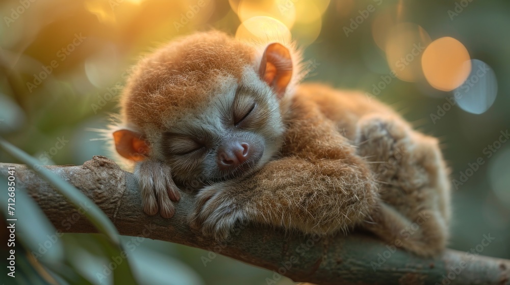 Poster a baby monkey sleeping on a tree branch with it's head on the end of it's arm and it's head resting 