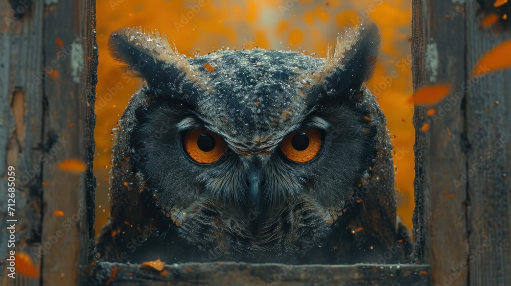 Aufkleber a close up of an owl's face in front of a window with orange and yellow leaves on the outside of the