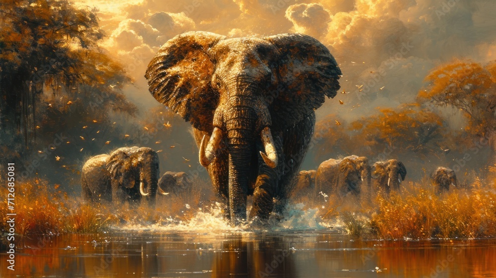 Poster a painting of a group of elephants in a body of water with trees in the background and clouds in the