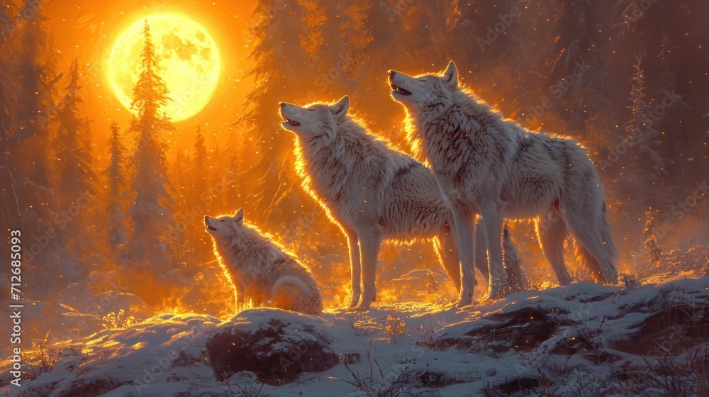 Poster a painting of three wolfs in front of a full moon with trees in the background and snow on the groun