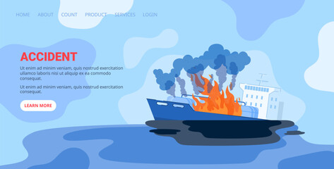 Ship on fire at sea with smoke, emergency situation at ocean. Maritime disaster and nautical theme vector illustration.