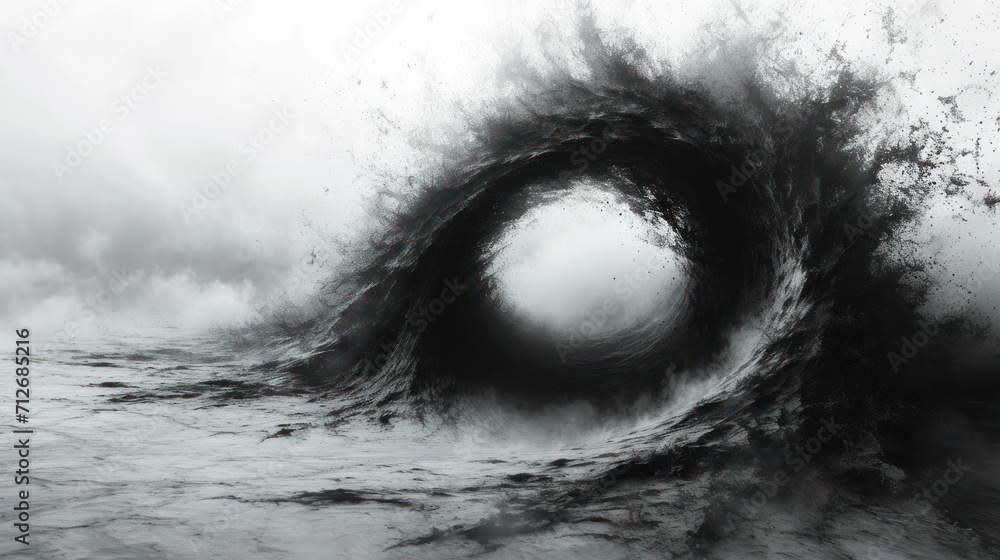 Poster a black and white photo of a circular object in the middle of a body of water with a large amount of