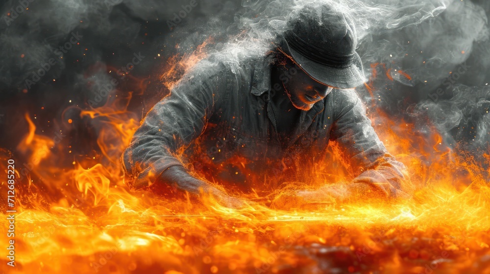 Poster a man standing in front of a fire with a hat on his head and hands on a table in front of a lot of f