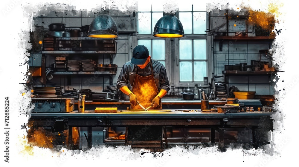 Poster a man in a factory working on a piece of wood with a flame coming out of the center of the table and