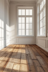 Fototapeta na wymiar Leerer Raum aus weißem Beton mit Holzböden