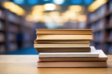 Stack of book on library background