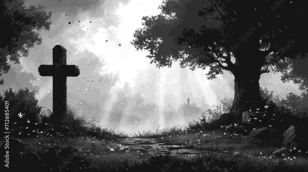 Aufkleber a black and white painting of a cross in a forest with a stream of water and a tree in the foregroun