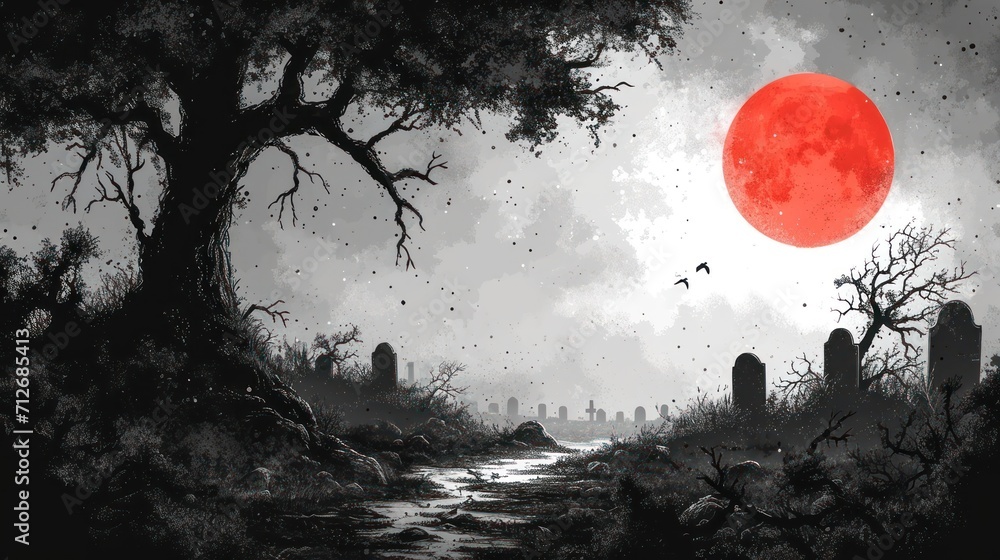 Poster a painting of a red moon over a graveyard with a river running between it and a cemetery on the othe