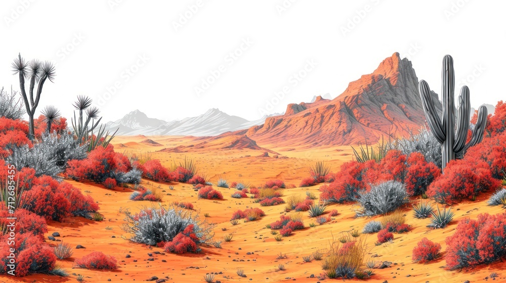 Poster a painting of a desert with cacti and bushes in the foreground and a mountain range in the distance 