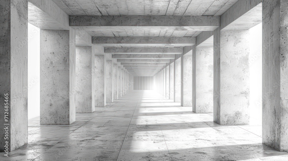 Poster a black and white photo of a long hallway with light coming in from the end of the tunnel and the fl