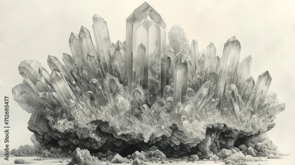 Poster a black and white photo of a cluster of rocks with crystals on top of each of them in the middle of 