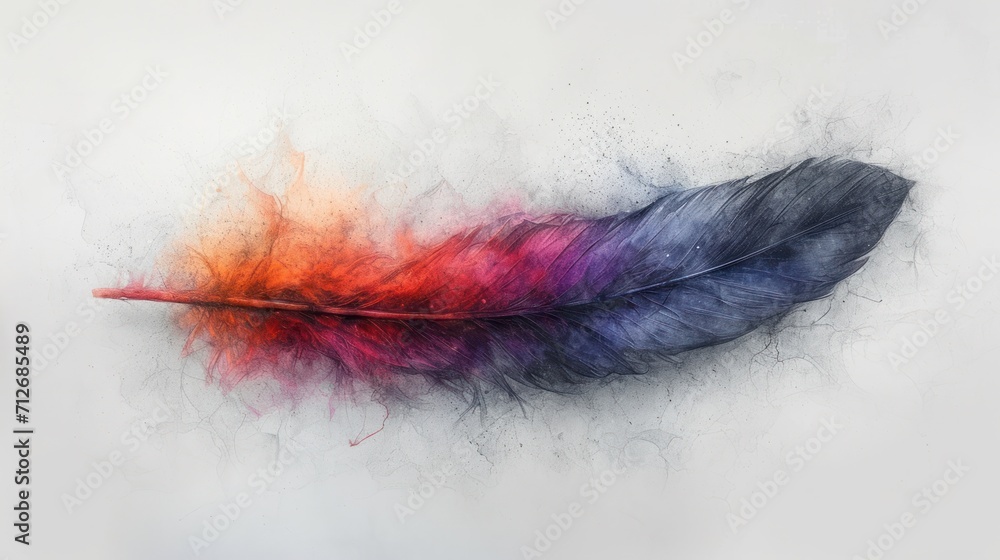 Poster a colorful feather on a white background with a red, blue, and orange feather on the left side of th