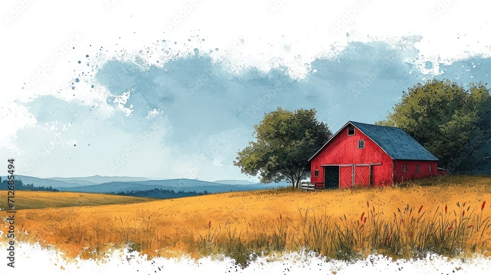 Poster a painting of a red barn in the middle of a field with a tree on the other side of the barn and a bl