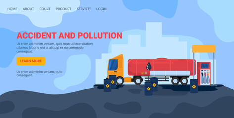 Fuel truck accident at gas station with oil spill. Environmental hazard with chemical leakage. Industrial disaster theme vector illustration.