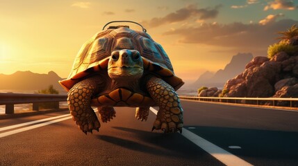 Turtle rides a skateboard along a coastal road with the sun setting in the background - obrazy, fototapety, plakaty