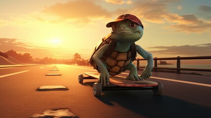 Turtle rides a skateboard along a coastal road with the sun setting in the background